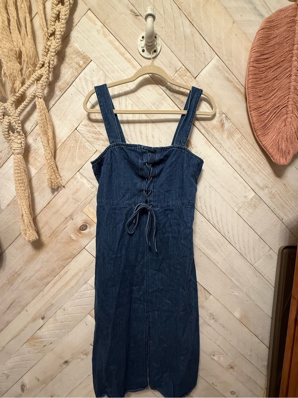 Denim Midi Dress with Front Lace and Tie - Dark Blue